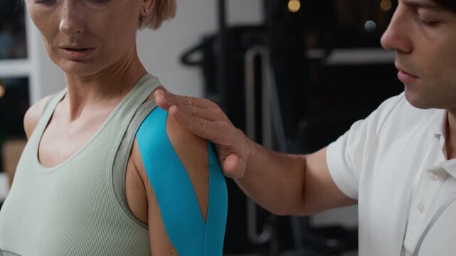 Close up shot of male instructor guiding adult woman with kinesiology tape lifting light dumbbells during rehabilitation training in modern gym