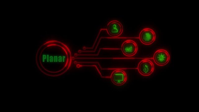Strategic planar Technology Network Abstract Red Circuit Board Concept Featuring Business Growth Innovation Finance Data Analytics And Management Icons
