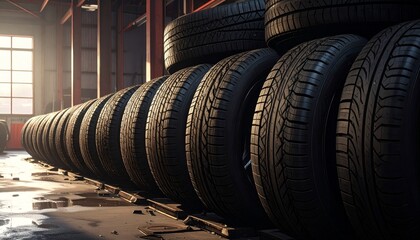 Obraz premium Stacked car tires inside an auto workshop, gritty industrial atmosphere, dramatic low-key lighting, detailed rubber textures, shallow depth of field, automotive service concept, realistic still life p