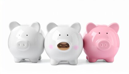 Three cute piggy banks in white and pink standing side by side, minimalist studio product photography, isolated on white background, soft even lighting, playful finance and savings concept, clean desi