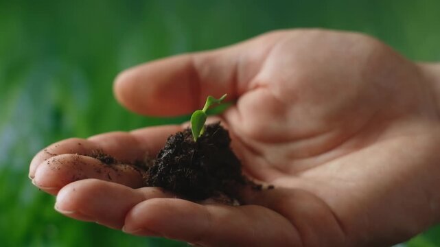 Hands holding a basil plant sapling with beautiful sunset light, concept of new growth and sustainable agriculture, environmental health, caring for mother earth
