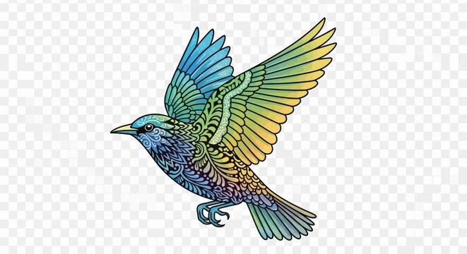 Vibrantly Colored Stylized Bird with Intricate Mandala Patterns Flying Gracefully Isolated on