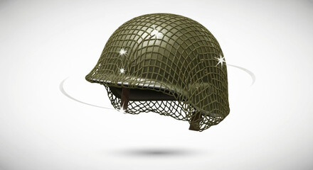 Fototapeta premium Classic military helmet with net cover representing historical army gear on white background