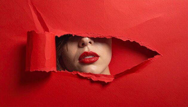 Woman&rsquo;s face partially revealed through torn red paper, focus on lips and mystery, high-contrast studio lighting, minimalist composition, fashion editorial concept, bold color, dramatic mood