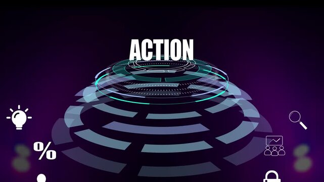 Business action and performance visual for corporate strategy, futuristic technology elements with success icons for marketing presentations and digital leadership content