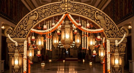 Obraz premium Ornate Indian Wedding Archway with Lanterns and Floral Decorations in a Grand Hall