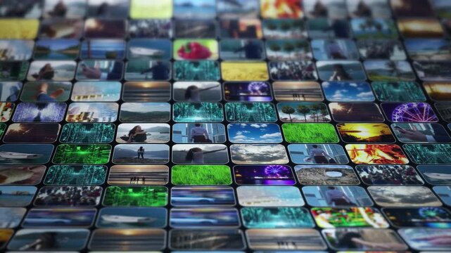 Digital media wall displaying various video content thumbnails