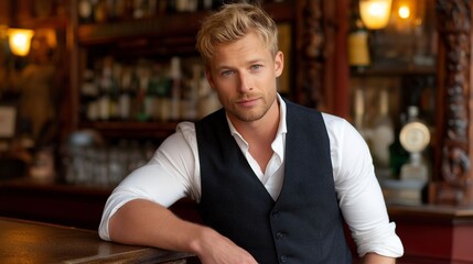 Fototapeta premium A young man with blonde hair presents a relaxed yet confident demeanor at a vintage bar. He wears a crisp white shirt under a dark vest. Soft lights create a warm atmosphere around him