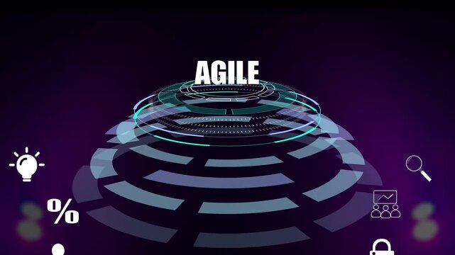 Agile methodology concept background for software development and project management, digital hud interface with glowing technology rings for professional corporate videos