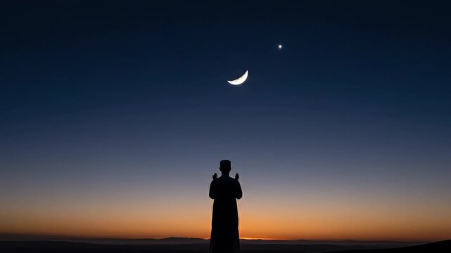 Static shot of a Muslim man in silhouette doing dua under a crescent moon at sunset.