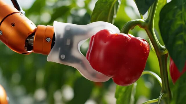 Robotic arm harvesting red pepper from plant. Automated precision picking in greenhouse agriculture. Future farming technology and robotic automation sequence for crop collection.