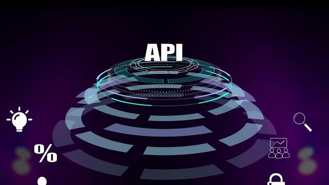 Business API and app development visual for seamless data connection, abstract technology elements with coding icons for technical tutorials and software architecture presentations