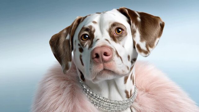 Dog wearing a pink fur coat and a sparkling necklace looks upward with a serious expression in a simple background
