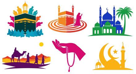 Naklejka premium Vibrant Islamic architecture and symbols in colorful illustrations