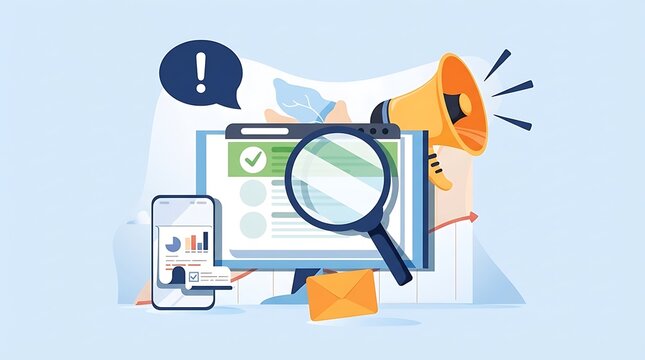 A graphic illustration of a magnifying glass over a computer screen with a speech bubble and megaphone symbolizing search alert and announcement