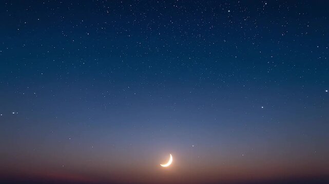 Static time-lapse of a crescent moon rising as the sky transitions from sunset to starry night.