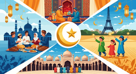 Vibrant Eid celebration scenes with mosque, lanterns, and traditional food