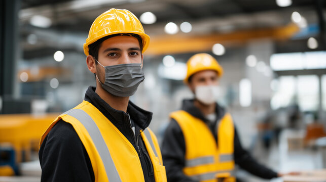 A manufacturing plant shows workers following safety protocols with clearly marked safety zones and protective equipment, showcasing the commitment to health and safety standards in the industrial