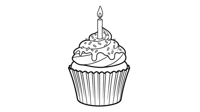 A festive coloring page of a delicious cupcake with swirled frosting, colorful sprinkles, and a single lit birthday candle on top.