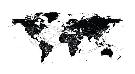 Obraz premium Black and white world map graphic illustrating global connectivity through a vast network of interconnected digital lines