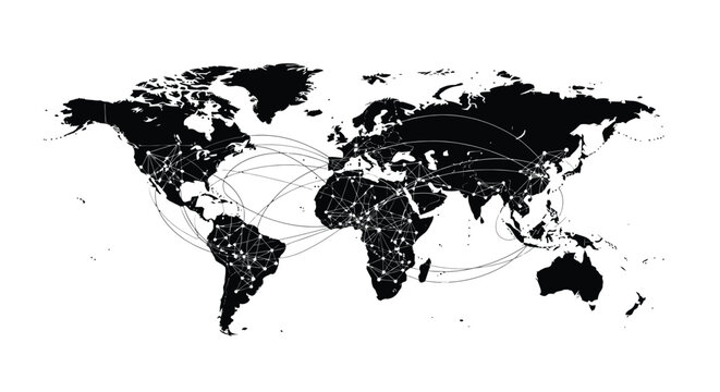 Black and white world map graphic illustrating global connectivity through a vast network of interconnected digital lines
