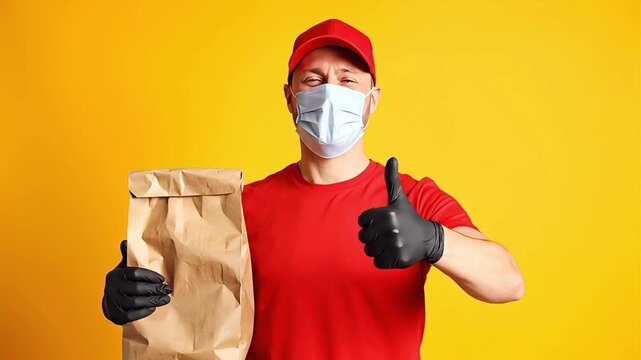 Delivery man in red uniform and protective mask holding a package and giving a thumbs up.