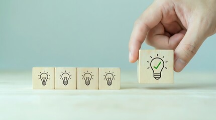 A hand placing a lightbulb block among other creative idea blocks on a table