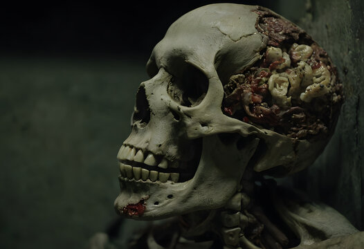 Human skull showing exposed brain matter and teeth