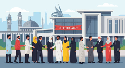 Diverse people celebrating Eid in modern city with mosque