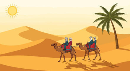 People riding camels through desert landscape with palm tree