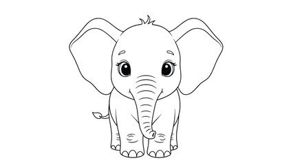 Obraz premium A front-view coloring page of an adorable baby elephant with big, expressive eyes and large ears, ready for coloring fun.