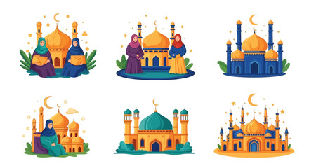 Vibrant Islamic architecture and people celebrating Ramadan in colorful settings