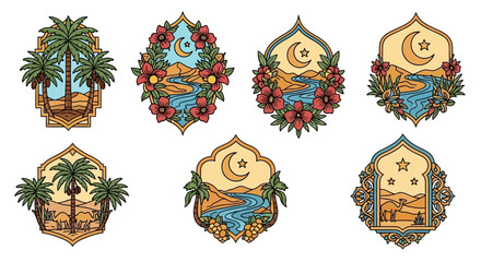 Islamic themed emblems with crescent moon and flowers