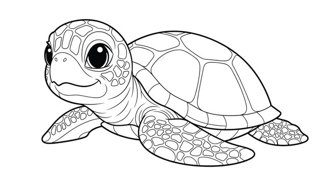 An adorable coloring page of a cute baby sea turtle with large, friendly eyes and detailed patterns on its shell and flippers.