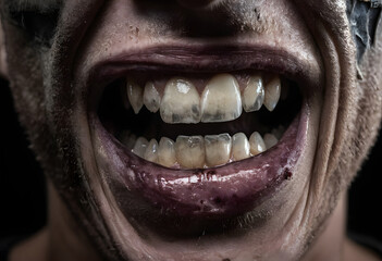 Fototapeta premium Person screaming with dirty teeth and bloody mouth