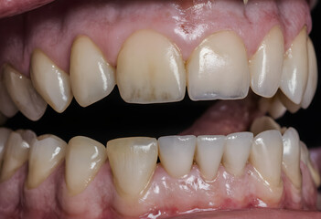Human teeth with varying shades and gum inflammation