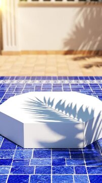 Minimalist White Octagonal Platform on Blue Moroccan Pool Tiles with Palm Leaf Shadows and Sunlight