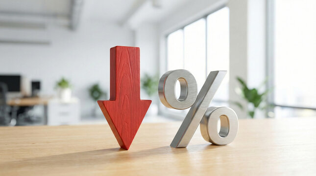 Financial concept of red arrow pointing down next to percentage symbol on office desk. Symbolizing falling interest rates, inflation reduction, or economic downturn
