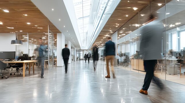 Bright modern office with professionals walking in blurred motion, collaborative business environment, sleek workspaces, contemporary interior design, natural lighting, and dynamic corporate atmospher