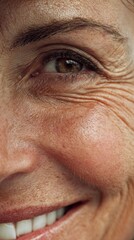 Fototapeta premium Mature woman's close up smiling face showing natural skin texture, crow's feet and freckles candid portrait of aging gracefully, genuine emotion and well being - close up -