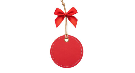 Red round tag with bow isolated PNG on transparent background, blank label for Christmas gift or sale promotion