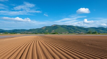 Obraz premium Golden sand ripples create a textured canvas beneath a bright blue sky adorned with fluffy clouds, while distant mountains stand guard, framing a peaceful scene