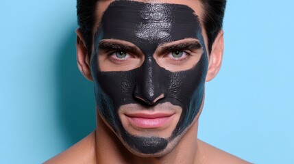 Obraz premium Young man applying a detoxifying charcoal facial mask to pamper his skin, receiving a beauty and grooming treatment for a healthy and clear complexion