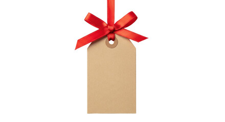 Blank brown paper gift tag with red ribbon isolated PNG, price label for Christmas present or product branding on transparent background