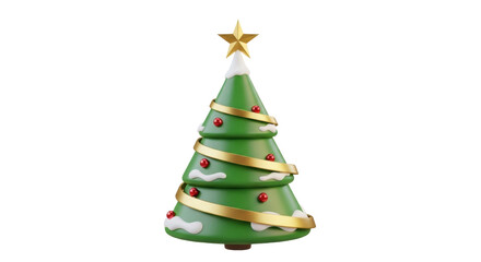 Obraz premium Festive green Christmas tree with gold ribbon and star isolated PNG, holiday decoration for seasonal design and greeting cards