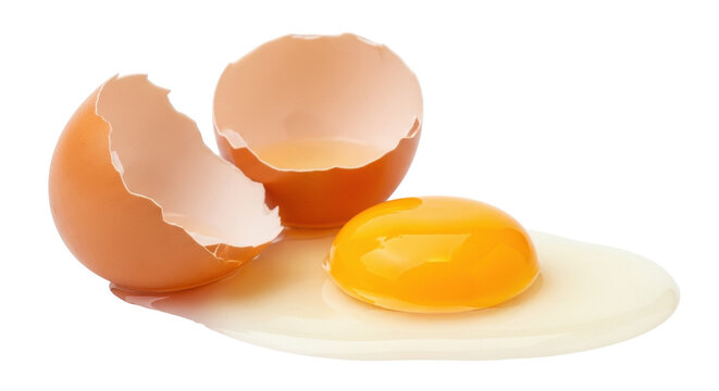 Cracked egg with yolk isolated on transparent background, broken shell halves and raw egg for cooking and baking PNG
