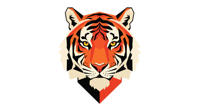 A majestic tiger's face is prominently displayed in a graphic illustration, showcasing its vibrant orange and black stripes and piercing eyes from a direct viewpoint.