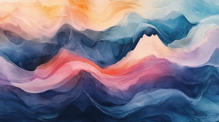 An abstract artwork showcases a mesmerizing blend of colors, with flowing, layered forms creating a sense of depth and movement, evoking a feeling of tranquility and artistic expression
