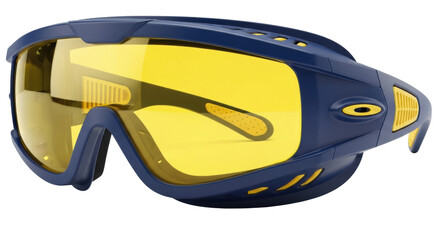 Naklejka premium Navy blue and yellow ski goggles isolated PNG on transparent background, protective eyewear for winter sports and outdoor activities