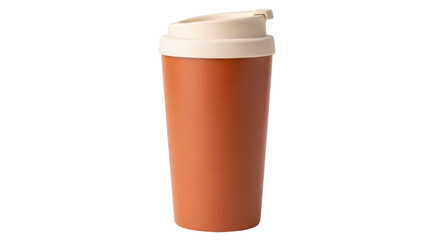 Orange reusable coffee cup with lid PNG isolated on transparent background, eco-friendly travel mug for hot drinks and sustainable lifestyle